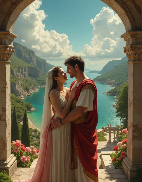 A beautiful woman embracing the Roman Emperor Constantine the Great, joy of love, happy couple, white clouds, magnificent emerald palace, heavenly paradise background, sparkling sea and lush forest, exquisitely beautiful, rose garden, supreme brilliance, h...