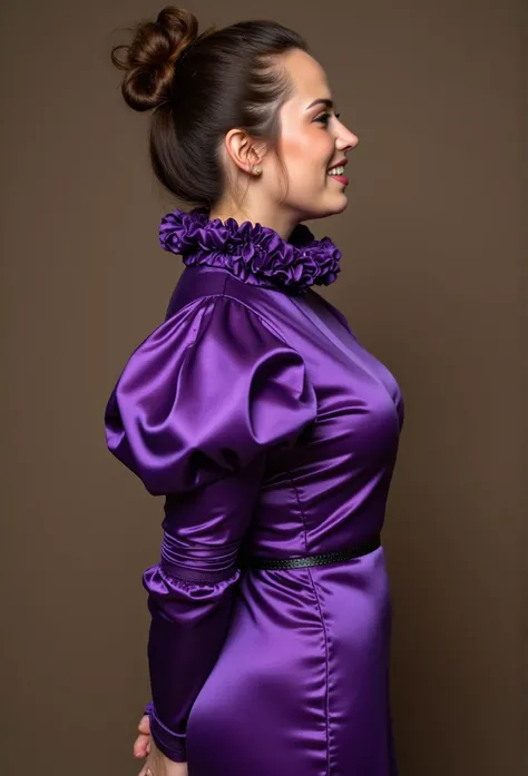 (realistic photograph close up sideways cheerful), (a pleased beautiful European orgasm look lady with (messy hair bun), she is wearing (an elaborate extensive shiny purple silk dress with (long gigantic puff sleeves), (and an ultra high narrow stand-up co...