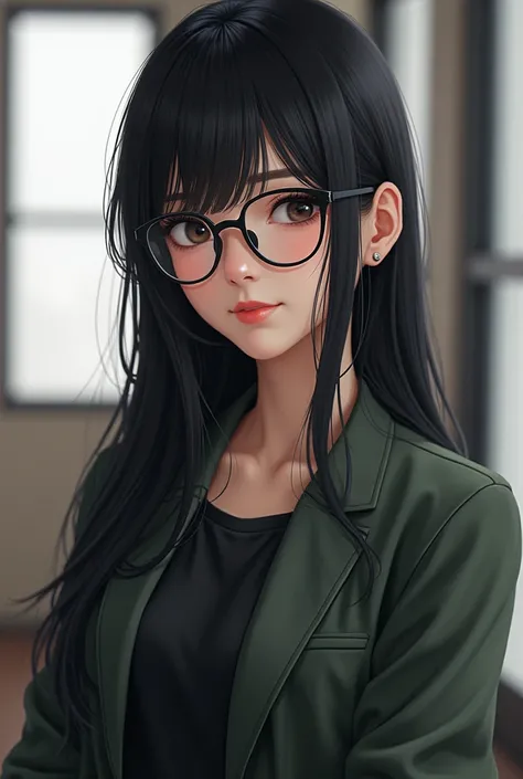 A character in high school clothes. She has a pair of black glasses and she has straight hair, long and black. 