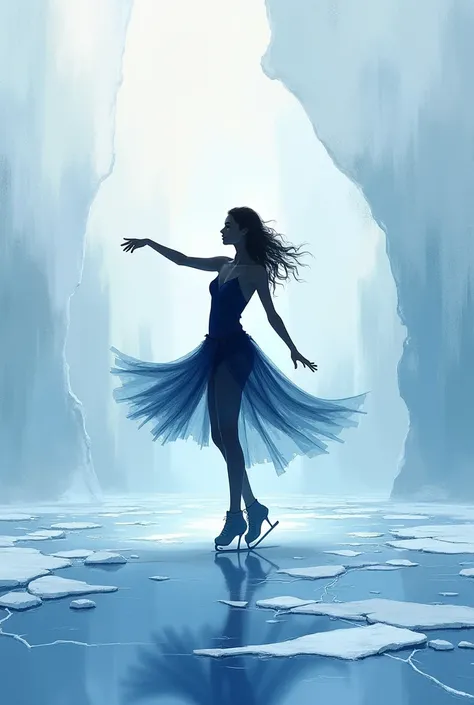 masterpiece, two-color style, only use two-color abstract painting in (Silver) and (cool icy blue), Alone, elegant silhouette of a woman ice skater, ice skates cracking the surface, light reflecting on broken ice, clean composition, ,from below negative sp...