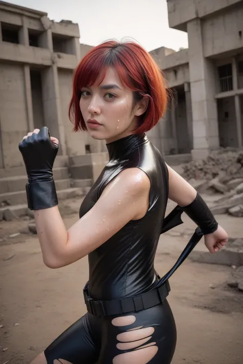 18years-old Japanese girl, very short cut, red hair, super hero costume, no sleeves, dirty costume, ((torn costume: 1.5)), fighting pose, nsfw, outdoor, (midnight), ruins, (best quality), (Very Aesthetic), (super detailed), (photorealistic), upper body, (s...