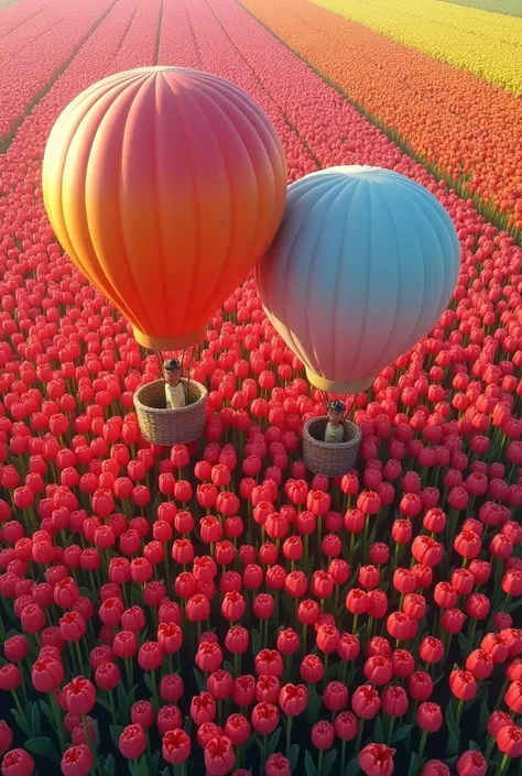 tulip field, two colourfull hot air baloon, top view 