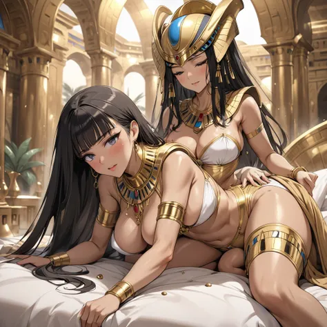 (( top quality)), ((masterpiece)), ( Details), （ perfect face）、The woman is Soryu Aska Langley, who became Cleopatra, wears a sexy Cleopatra costume and has seeding sex with a Pharaoh wearing a Tutankhamen mask on a luxurious bed in an Egyptian palace, and...