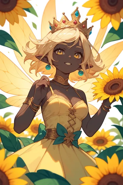 a summer fairy with black skin and yellow wings and a crown of sunflowers on her head