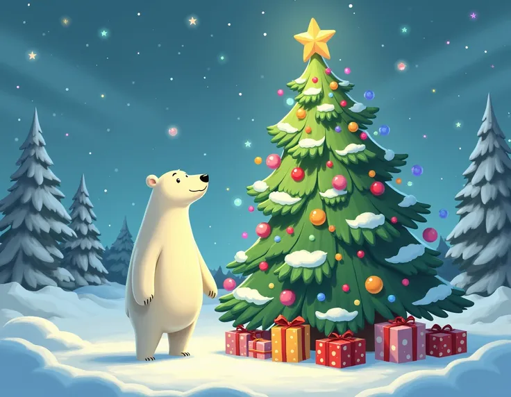 GENERATE AN IMAGE OF A CARTOON DRAWING OF A POLAR BEAR STANDING ON THE SIDE LOOKING UP A VERY LARGE CHRISTMAS TREE WITH COLORED LIGHTS, Under the tree many gifts in a snowy Christmas landscape 