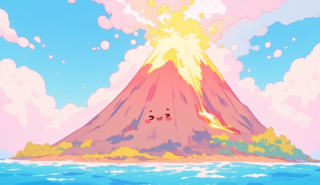 A cute illustration of a volcano with a cute expression and tiny arms on the side. The volcano is erupting. As it erupts, the volcano squints and blushes red as it erupts, while holding its tiny fists at the side. The volcano is situated on an island surro...