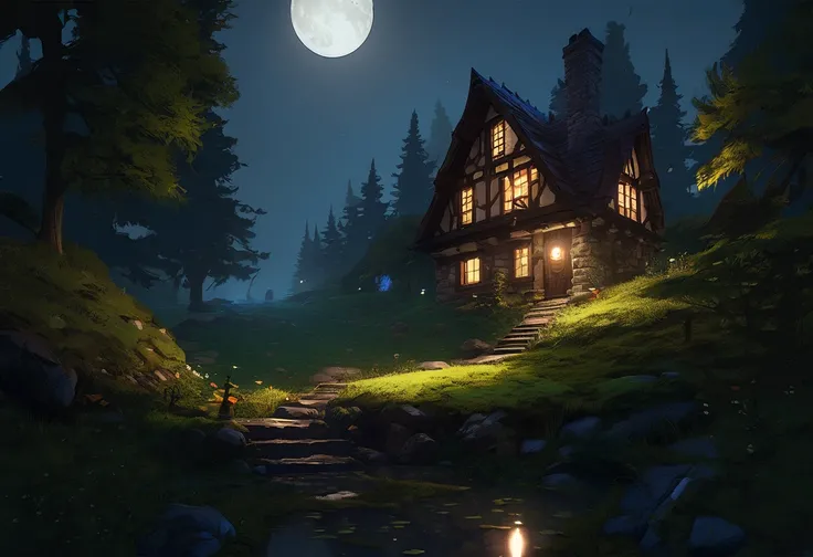  nighttime scene of a house in the woods with a path,  Concept art inspired by Andreas Rocha, Artstation Contest Winners ,  fantasy art ,   beautiful fairytale rendering  , Fantasy House, A pleasant and enchanting scene, realistic  fantasy rendering by And...