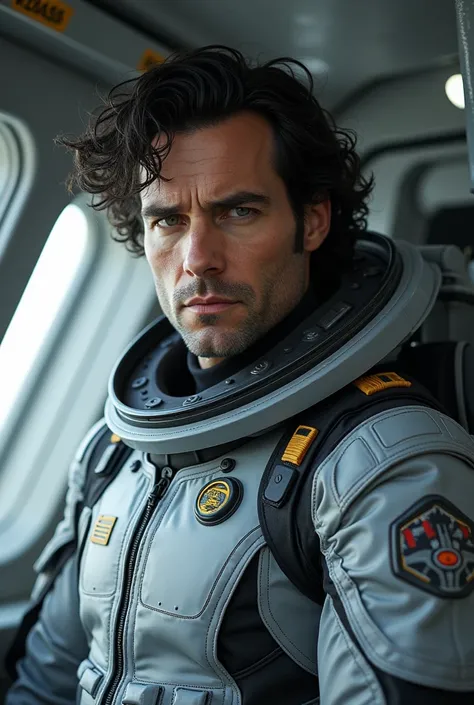 Portrait of a man commander with dark curly hair in an elite dangerous grey space suit inside his space ship
