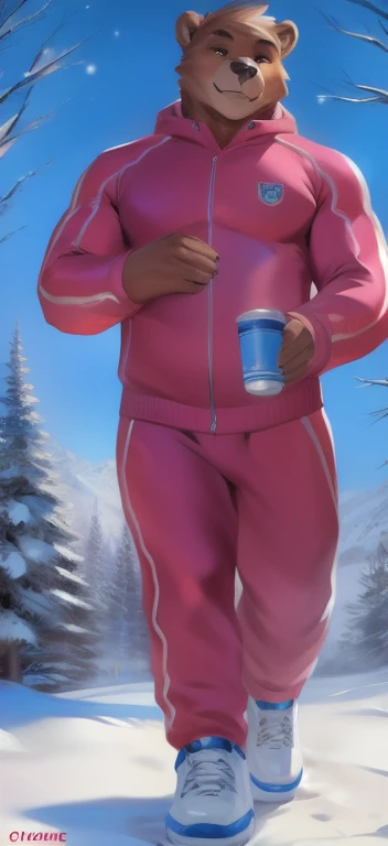 Solo,big man​, huge​ body​,​standing​, snow ,bear , ice pink Tracksuit soldier , overweight, muscular,Silent ,yandere, by chunie