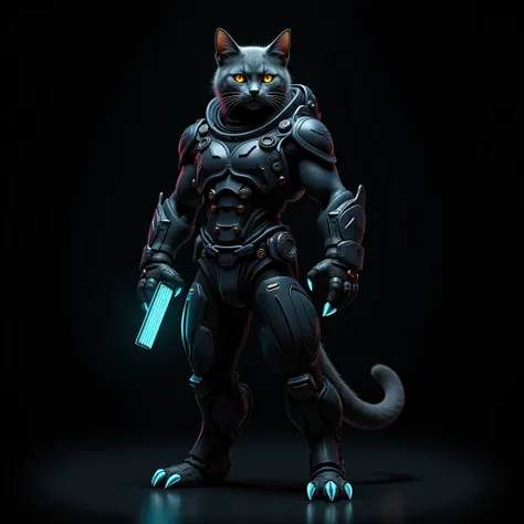 Black cat as a hi-tech cyberpunk warrior officer, Standing confidently with one hand holding a glowing neon blue data pad, Cat paws with glowing neon blue claws, front-view, black background 