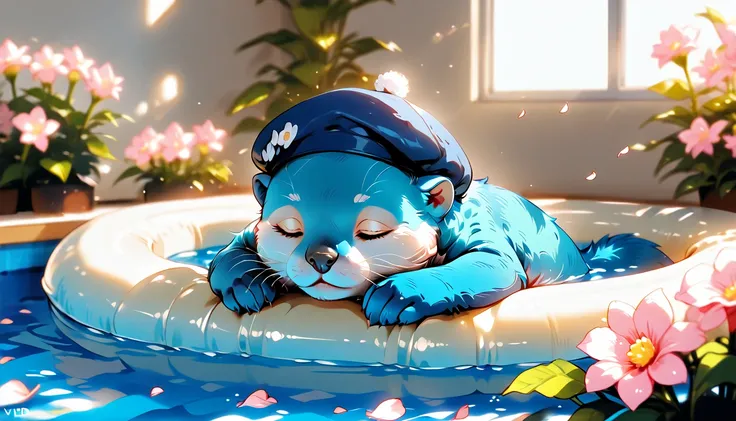 a sleeping sea otter with blue fur,adorable sea otter,sleeping on a swimming ring,wearing a blue beret hat,in a pool surrounded by flower petals,under warm sunlight,vibrant colors,detailed fur texture,photorealistic,8k,highres,masterpiece,ultra-detailed,re...