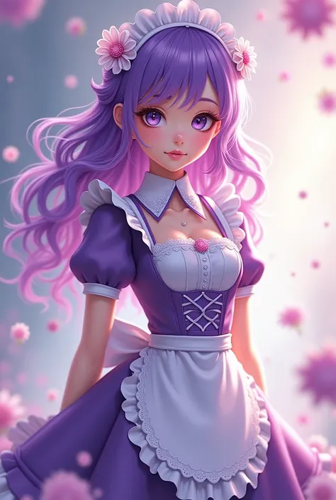  A girl with wavy purple hair with bangs,And a purple maid outfit 