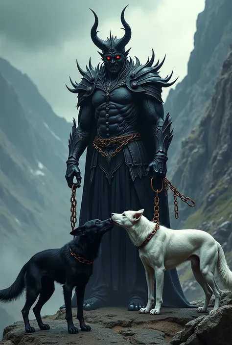 wicked, demonic King chained to a mountain,  there is one white dog and one black dog near him, who are licking his chains  