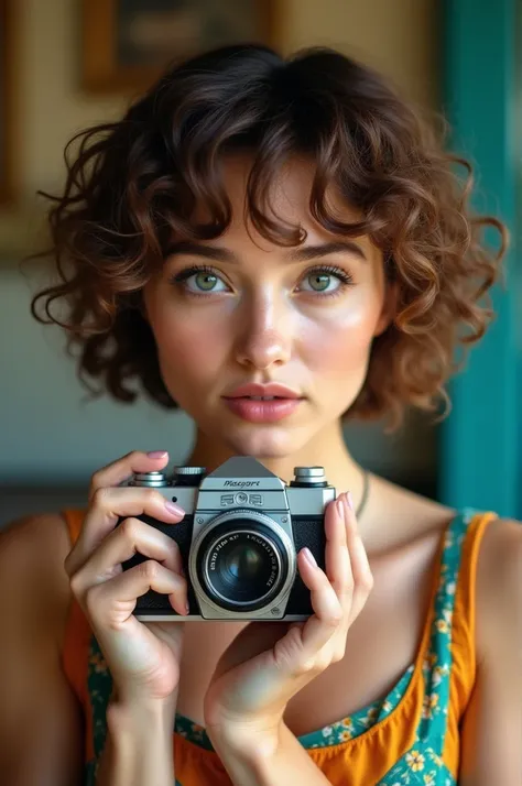  Or the image of a young brunette with short curly hair,and a camera and dress  