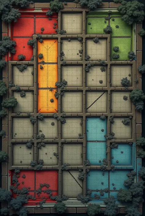 Create a detailed 10x10 grid board for a zombie apocalypse-themed tabletop game. The board should consist of 100 square cells, arranged in 10 rows and 10 columns. The cells should be clearly marked and divided, with designated zones in specific colors and ...