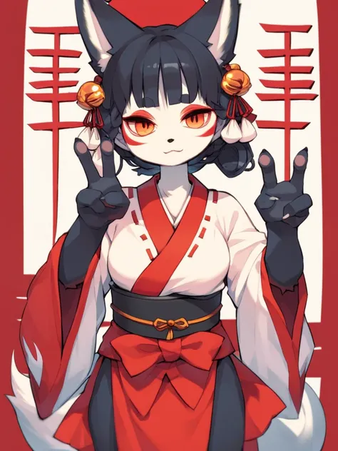 At creepy Japanese Shrines , cartoon furry female fox , (Hand Shadow Fox) , fox hand sign
, erotica , My heart is beating fast , Shrine maiden outfit , higo zuiki pearl , huton