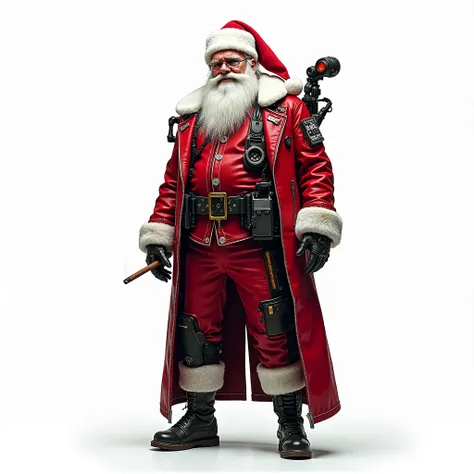 full body shot, front view, cyberpunk santa, cyberpunk santa outfit, cyberpunk augumentations, santa smoking cigar, white background, simple background