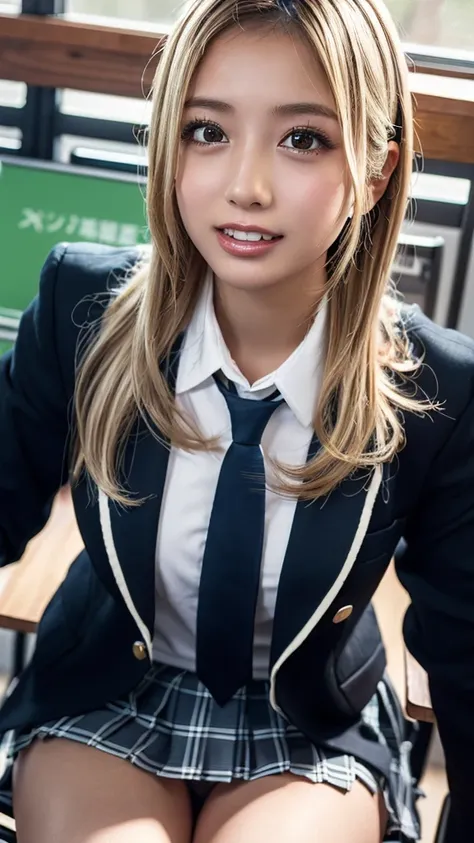 ((masterpiece,  top quality,  high definition ,  Ultra High Definition)),  Japanese high school girls,( realistic :1.4)、 smiles、 Amazing Face 、 sharp mouth、 close your mouth、Glossy Lips 、 long hair on background,(Beautiful blonde:1.5)、 high school uniform ...