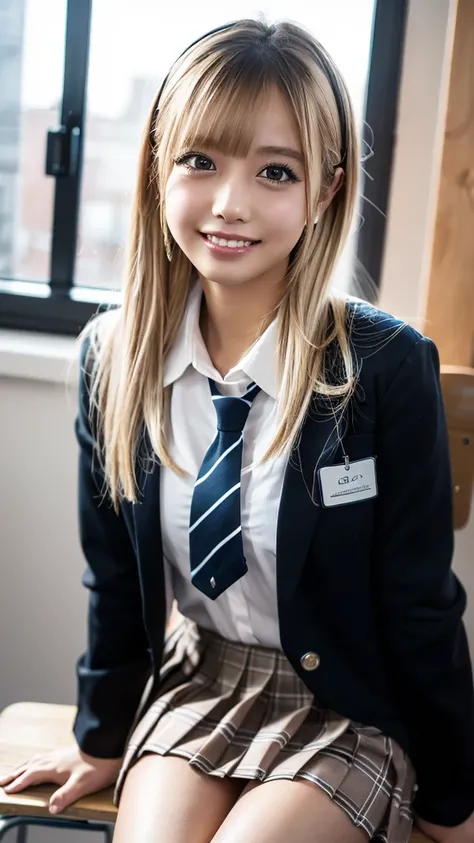 ((masterpiece,  top quality,  high definition ,  Ultra High Definition)),  Japanese high school girls,( realistic :1.4)、 smiles、 Amazing Face 、 sharp mouth、 close your mouth、Glossy Lips 、 long hair on background,(Beautiful blonde:1.5)、 high school uniform ...