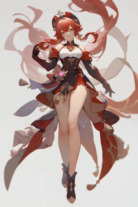 pure woman, Neat woman,  pure expression , white background,  game character, Genshin Impact, Full body standing in front of you, Red hair, Red point ,  sexy body , Full body, 3 full body