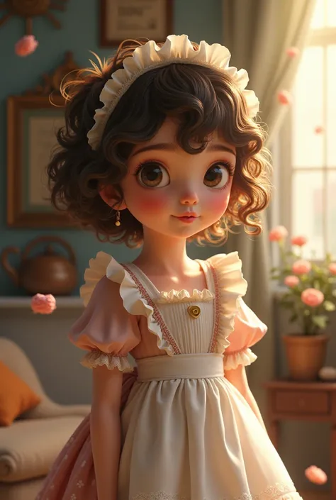 A curly haired girl with wavy baby in fringe and baby maid clothes 