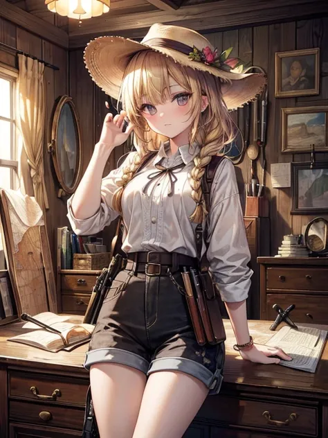 masterpiece,  top quality,  very detailed with crimson hair, 16k,  super high resolution ,  cowboy shot ,  single girl,  detailed face , Perfect means,  golden eyes,  blonde alone,  braided ,  Shorts , Explorer knife, Safari Hat, compass, telescope, map,  ...