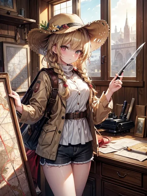 masterpiece,  top quality,  very detailed with crimson hair, 16k,  super high resolution ,  cowboy shot ,  single girl,  detailed face , Perfect means,  golden eyes,  blonde alone,  braided ,  Shorts , Explorer knife, Safari Hat, compass, telescope, map,  ...