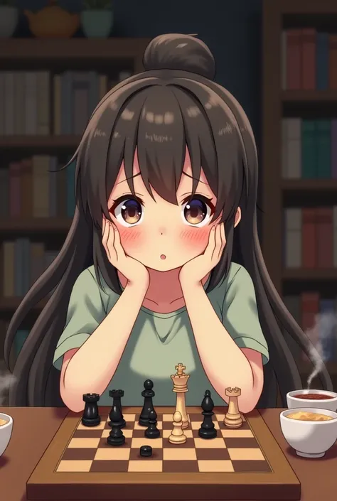 A chubby sad adorable anime woman playing chess