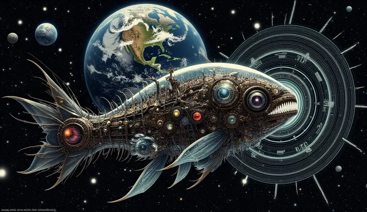 (The earth appears small through the space station floating in jet-black space. The space station floating in space is modeled after the transparent body and skeleton of a deep-sea fish, and its outer walls are lined with gears, pipes, and glass tubes like...