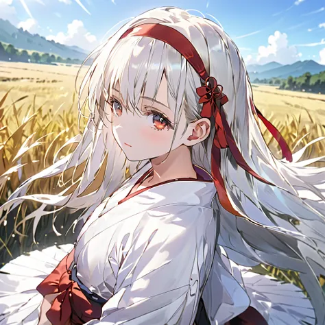 ShoukakukC, long hair,white hair,skirt, hairband, japanese clothes,headband, hakama, hakama skirt, muneate, hakama short skirt, red hakama, tasuki, red headband, thighhighs,grassland、blue sky、 cowboy shot 、 ( perfect anatomy ),( best quality), ( ultra hi-r...