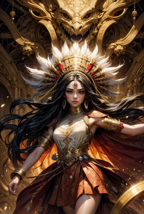 A hyper-realistic image of a powerful woman inspired by Native American culture, with long, flowing black hair and a cool grey complexion, giving her an ethereal presence. Her piercing eyes reveal ancient wisdom, while her face is beautifully detailed. She...