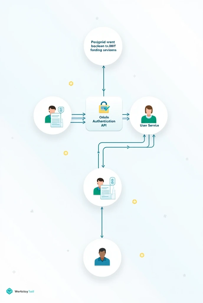 . The authentication and security sketch shows how data protection processes are managed using OAuth 2 . 0 or JWT to authenticate users .  An OAuth Authentication API block is connected to the user service of the backend , representing how access tokens ar...