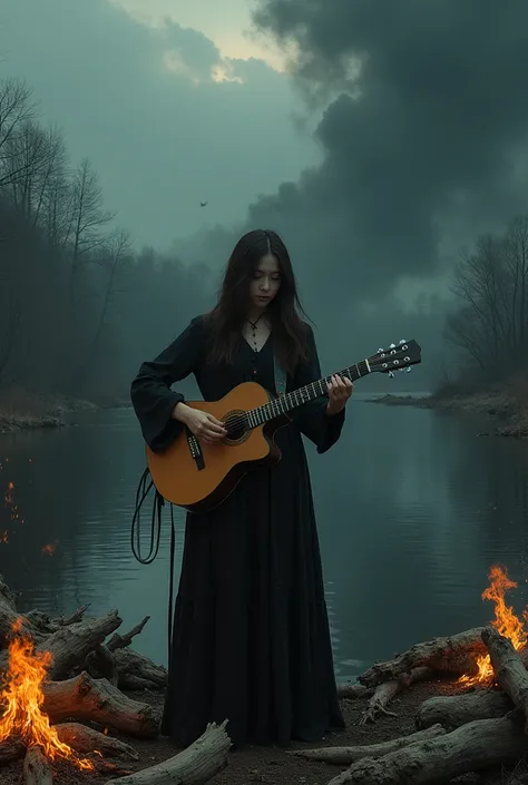  Beautiful girl playing guitar . his enigma clothes . Theres burning and lots of wood and a black lake 
Burns and lots of wood can be seen in the lake.clouds of black .  Form painting 16 :uTube cover 