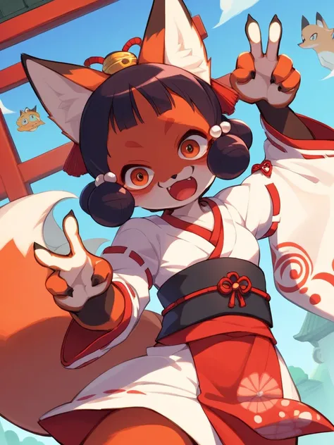 At creepy Japanese Shrines , cartoon furry female fox , (Fox Hand pose) , Meloic Sign
, erotica , My heart is beating fast , Shrine maiden outfit , higo zuiki pearl , huton