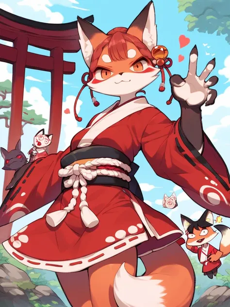 At creepy Japanese Shrines , cartoon furry female fox , (Fox Hand pose) , Meloic Sign
, erotica , My heart is beating fast , Shrine maiden outfit , higo zuiki pearl , huton