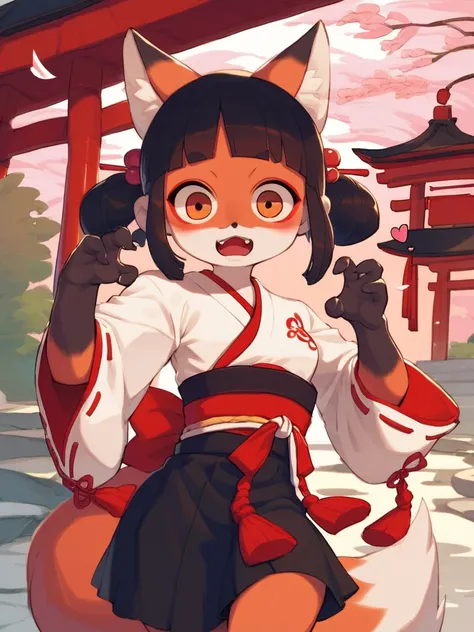 At creepy Japanese Shrines , cartoon furry female fox , (Fox Hand pose) , Meloic Sign
, erotica , My heart is beating fast , Shrine maiden outfit , higo zuiki pearl , huton