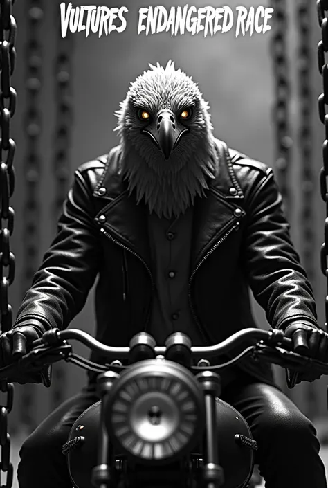  Create a Friday the 13th themed image ,  with a Siberpunk Vulture wearing a jacket , motorbike and chains ,  black and white image ,  must contain the phrase Vultures Endangered Race at the top of the image 