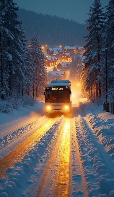 "The bus approaches on a straight, snow-covered road, its headlights piercing through the frosty air and casting a warm golden glow on the icy surface. The engine emits a soft mist, mingling with the crisp night air, as a shimmering trail of golden light f...