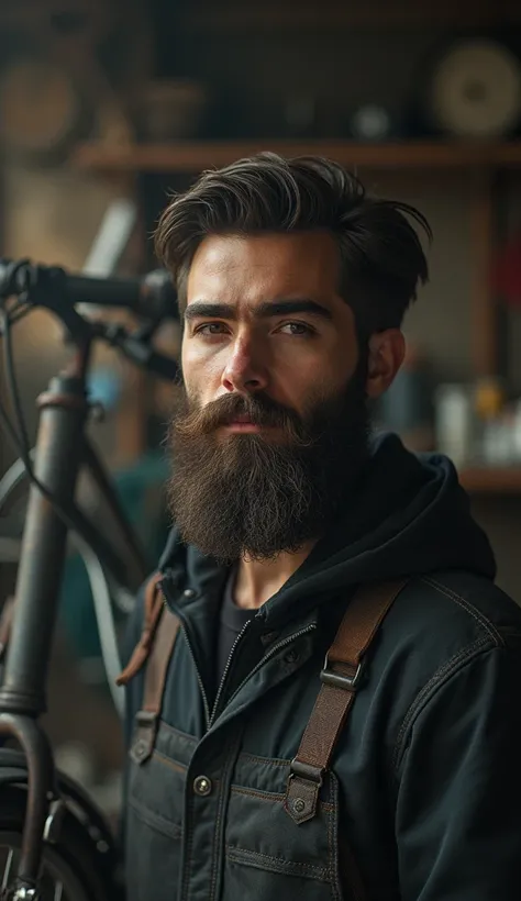 A teenager named Adrián with a beard in a blurry bicycle workshop. 