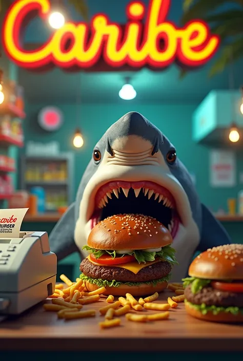  A shark eating hamburgers sitting in a store with the fax written Caribe Burguer, The full store  