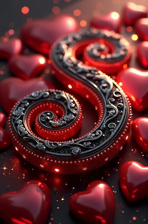 3D render of the name "Davica" in a luxurious and elegant font. The letters are written in a spiral style and are bright black and red. They are adorned with intricate floral patterns, decorations, and small heart motifs. The name is surrounded by vibrant ...