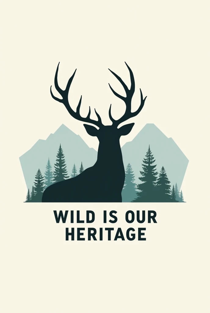 Design a minimalist graphic of a dear with horn, with its silhouette blending into a mountain range and forest. Accompany it with the text "Wild is Our Heritage." Keep the design clean and modern for universal appeal. with text wild our heritage