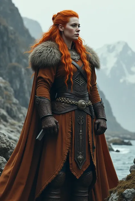 Viking princess , high, robust body white skin shiny coppery orange hair,    dressed in brown full body 