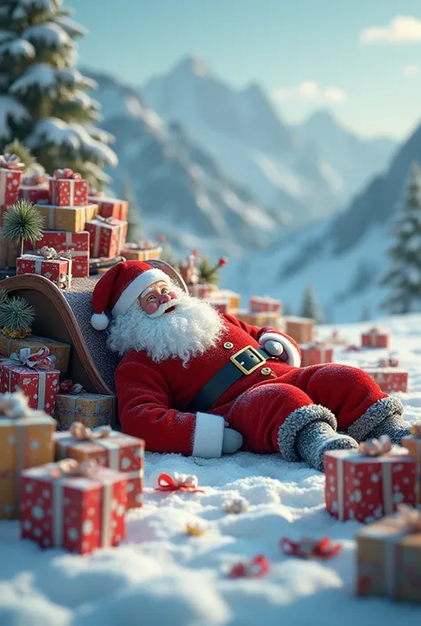 Santa Claus who fell off a sleigh and is lying in the snow with a mountain of gifts 