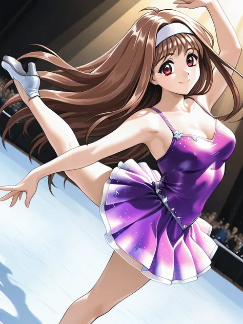 masterpiece, best quality, YuukiMizuho, 1girl, solo, long hair, brown hair, red eyes, medium breasts, hairband, smile, Ice Dance, Ice Dance,figure skating pose,figure skating leg raise, dynamic figure skating poses, dynamic angle, cinematic angle,