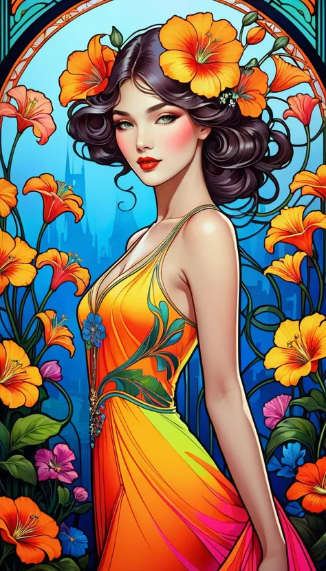 Imagine a powerful and elegant woman in an Art Nouveau setting., As brightly colored neon flowers grow around her.. Women&#39;s outfits must feature bright colors and neon details., Highlighting her graceful figure. Flowers should create a natural frame., ...