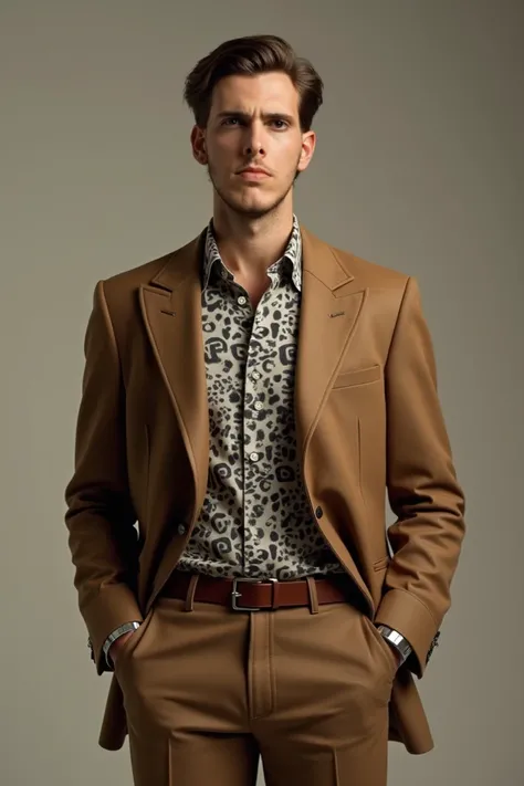 a man standing straight wearing a blazer with a classic cut, wide collar and abstract patterned shirt, which was popular in that period. The neutral brown color on the jacket combines with the contrasting pattern on the shirt, giving the impression of a vi...