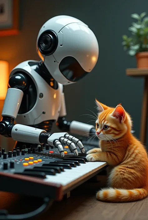 Robot plays synth with orange pussy in marriage