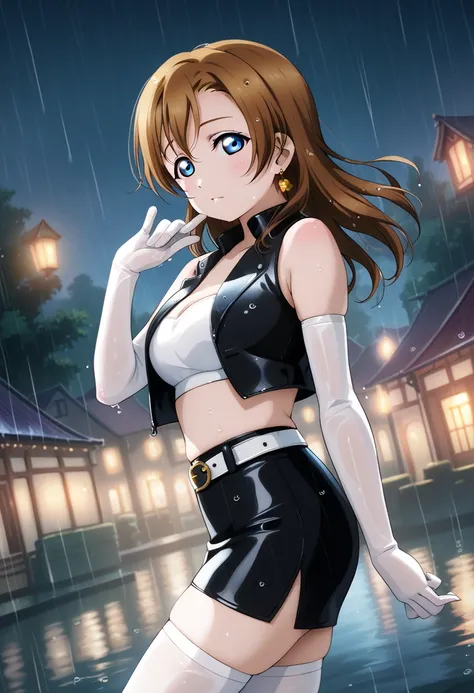 (Masterpiece, Best Quality, High Quality), realistic anime style, love live,kousaka honoka , kousaka honoka,id_honoka_kosaka,love live, blue eyes, brown hair, 8k wallpaper, golden earrings, night,rain,wet , erotic figure, (blushing:1.2),black skirt , black...