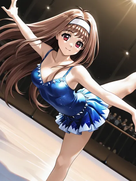 masterpiece, best quality, YuukiMizuho, 1girl, solo, long hair, brown hair, red eyes, medium breasts, hairband, smile, Ice Dance, Ice Dance,figure skating pose,figure skating leg raise, dynamic figure skating poses, dynamic angle, cinematic angle,